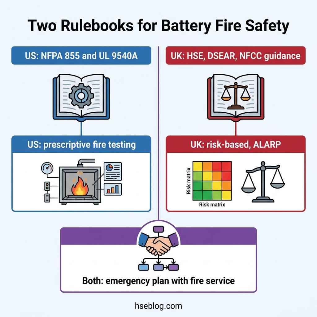 Comparison chart showing two battery fire safety rulebooks: US standards NFPA 855 and UL 9540A using prescriptive fire testing, versus UK guidance HSE, DSEAR, NFCC using risk-based ALARP approach, both requiring emergency plans with fire service coordination.