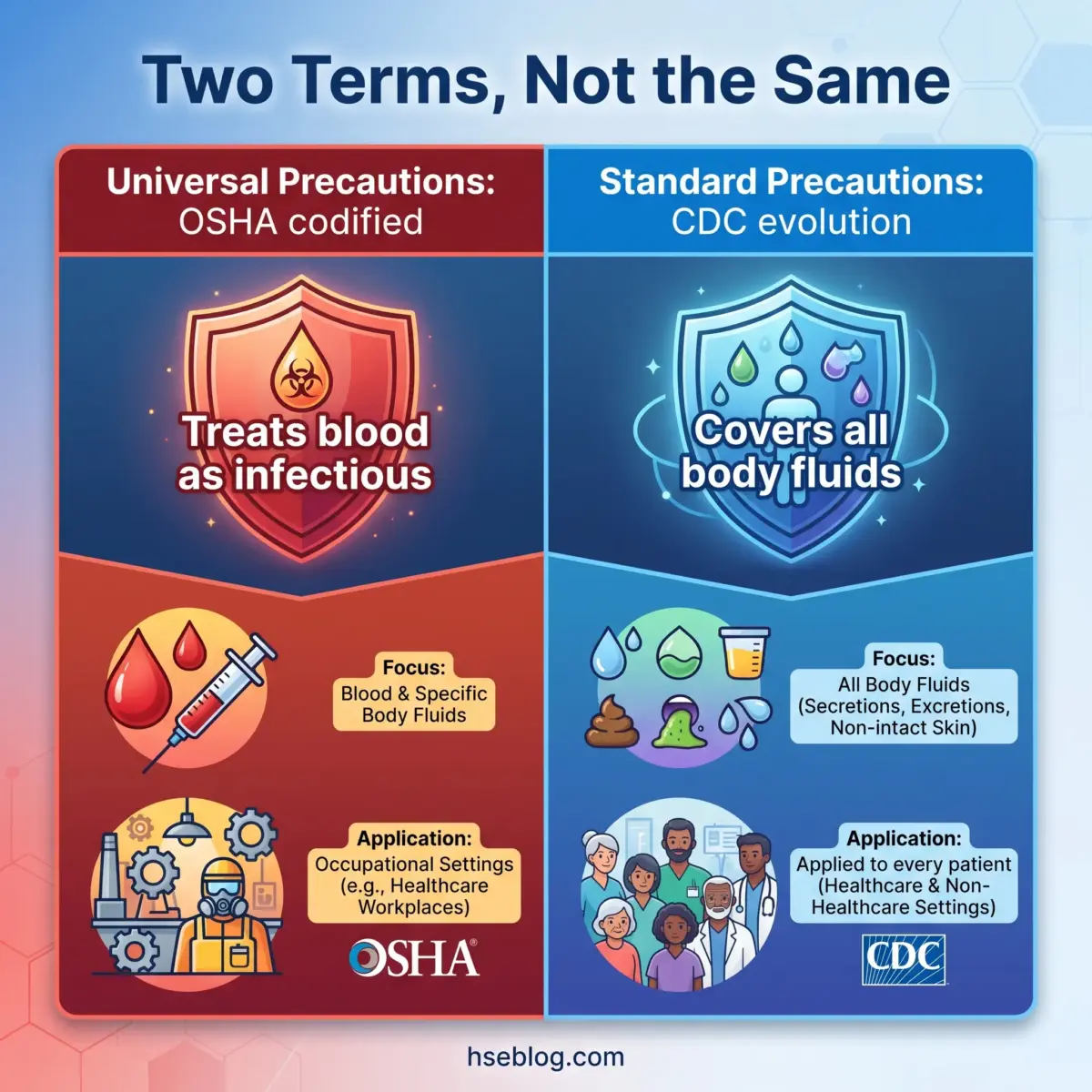 Comparison chart showing differences between Universal Precautions (OSHA) and Standard Precautions (CDC), highlighting their focuses, applications, and key distinctions in infection control practices.