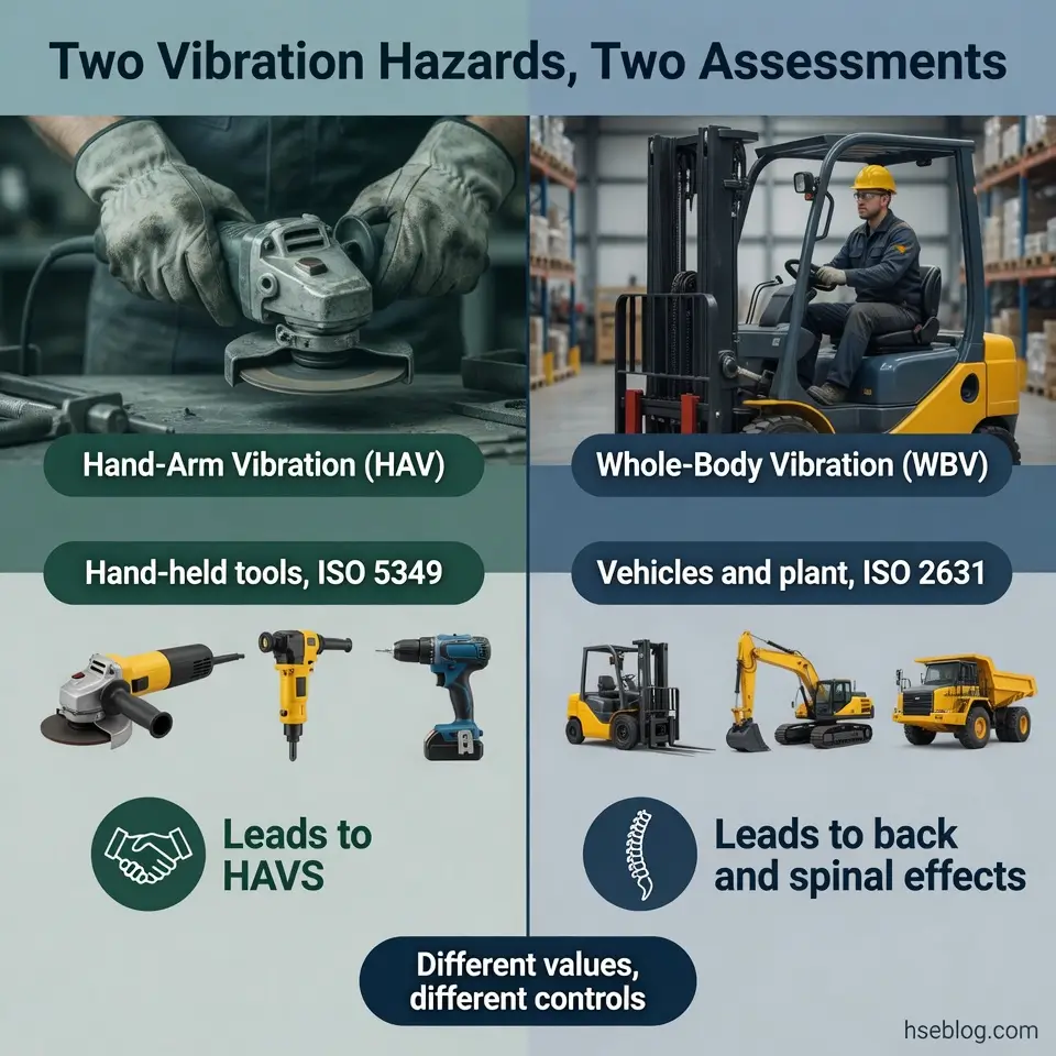 Infographic comparing hand-arm vibration from power tools versus whole-body vibration from vehicles and equipment, showing different health effects and ISO assessment standards for each hazard type.