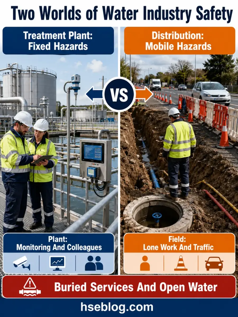 Infographic comparing water industry safety between treatment plants with fixed hazards and distribution systems with mobile hazards, showing workers in high-visibility gear at each location.