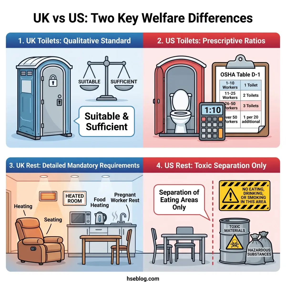 Infographic comparing UK and US workplace welfare standards for toilets and rest facilities, showing qualitative versus prescriptive regulations and different safety requirements.