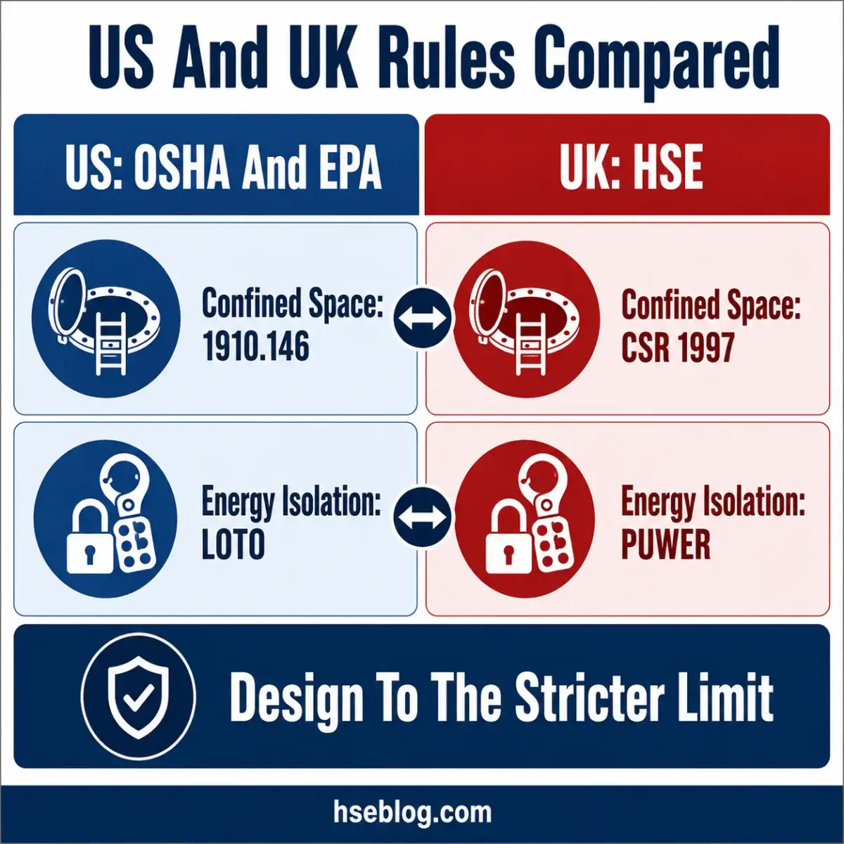 Infographic comparing US and UK safety regulations: OSHA and EPA rules versus HSE standards, covering confined spaces, energy isolation, and design requirements.