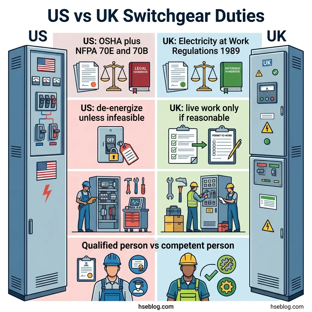 Comparison infographic of switchgear safety duties between US regulations (OSHA, NFPA 70E/70B) and UK regulations (Electricity at Work 1989), showing differences in de-energization requirements, work permits, and personnel qualifications.