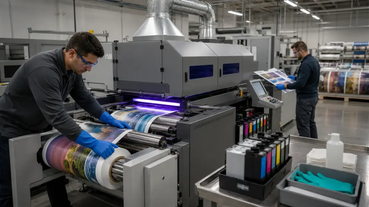 Worker in blue gloves operates an industrial UV printing machine in a modern print facility, with colorful printed materials feeding through the equipment and ink cartridges visible nearby.