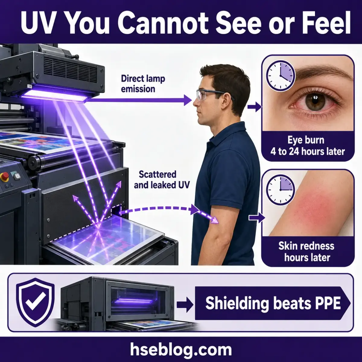 Infographic showing UV hazards from industrial UV lamps, depicting direct and scattered UV radiation causing eye burn and skin redness, with protective shielding as a safety solution.