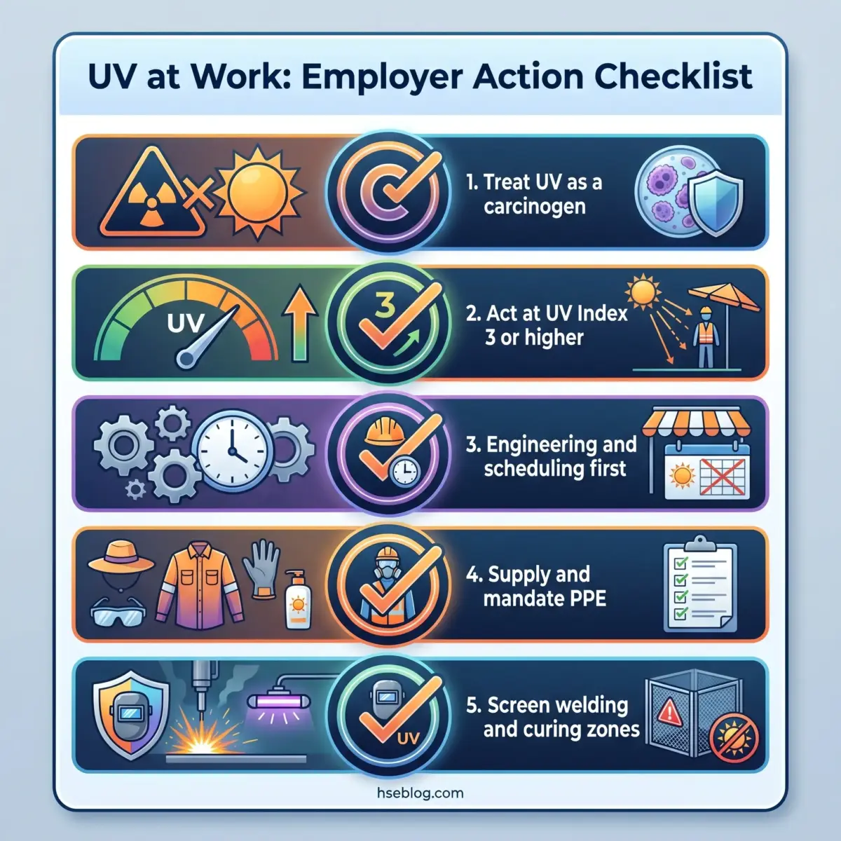 Infographic showing five employer action items for UV protection at work, including treating UV as a carcinogen, monitoring UV index levels, scheduling work strategically, providing PPE, and screening welding zones.