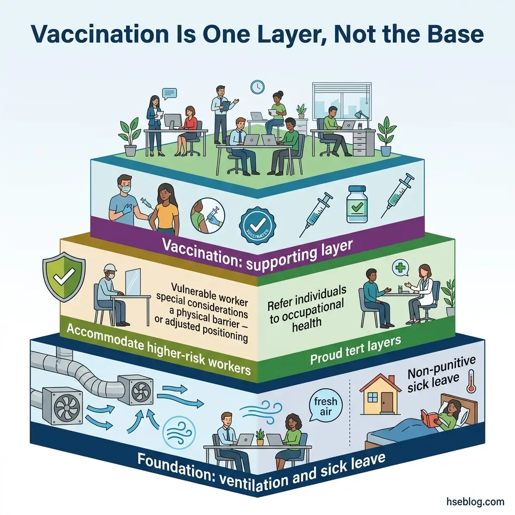 Layered pyramid diagram illustrating workplace health and safety measures, showing vaccination as one supporting layer above foundational elements like ventilation and sick leave policies.