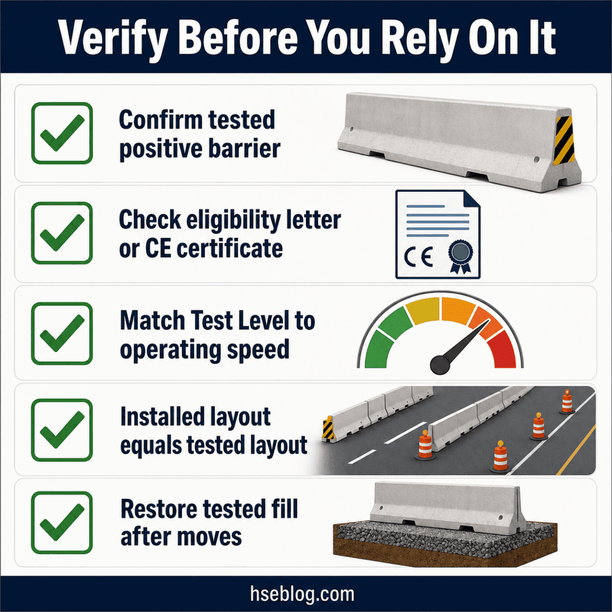 Checklist showing five verification steps for traffic barriers including testing confirmation, certificates, speed matching, layout installation, and fill restoration with corresponding icons and images.