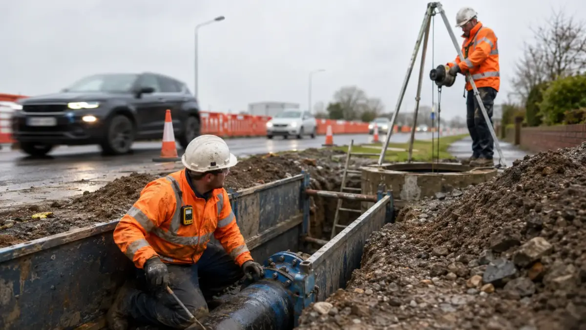 Construction workers in orange safety gear install underground pipes at a road construction site with traffic barriers and vehicles in the background.