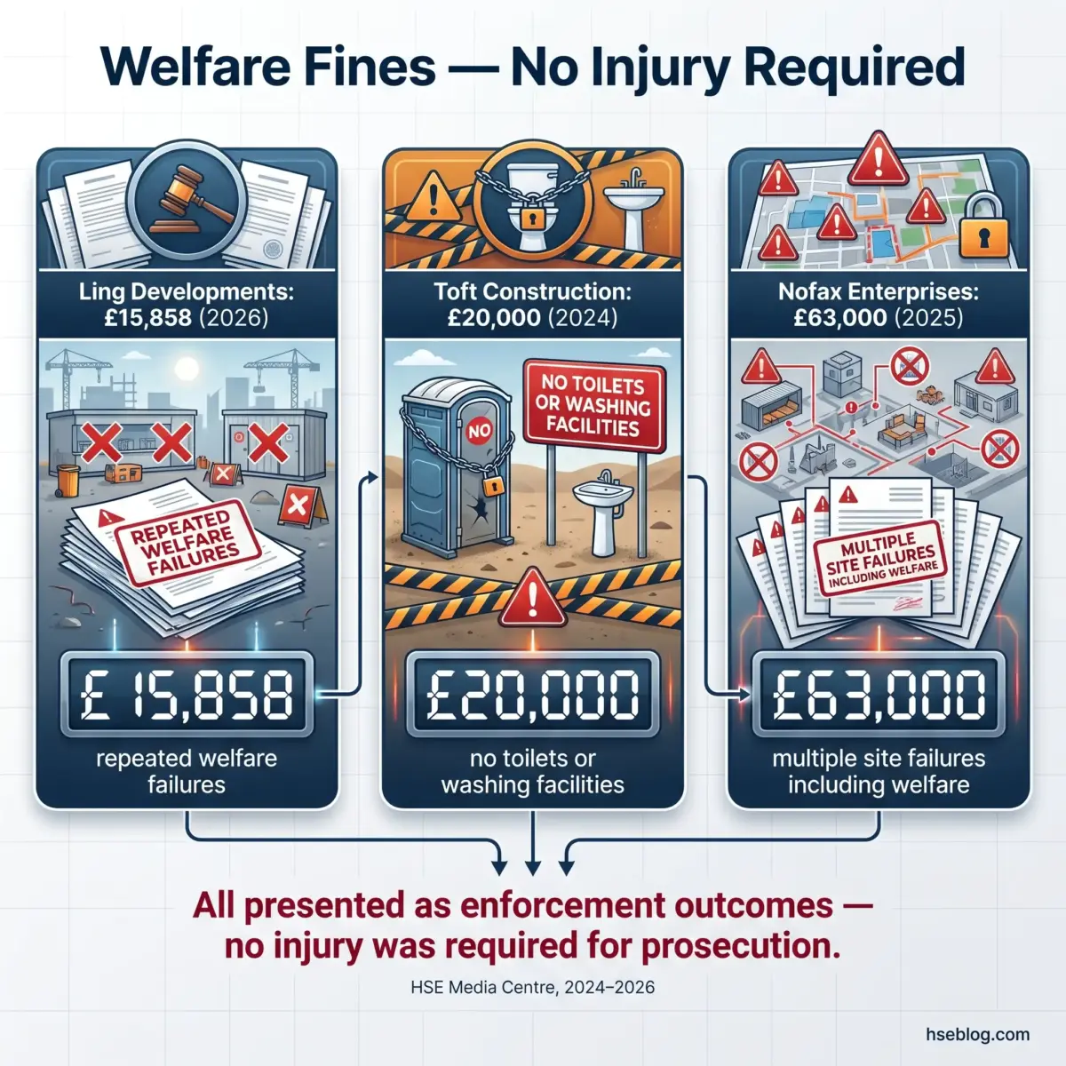 Infographic showing three welfare fine enforcement cases from 2024-2026 with amounts of £15,858, £20,000, and £63,000 for violations including repeated failures, missing facilities, and multiple site breaches.