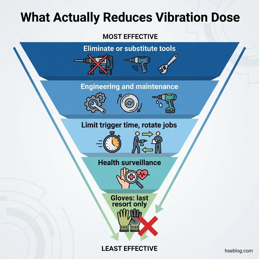 Pyramid chart showing vibration dose reduction strategies, from most effective (eliminating tools) to least effective (gloves only), with icons and categories for engineering controls and administrative measures.