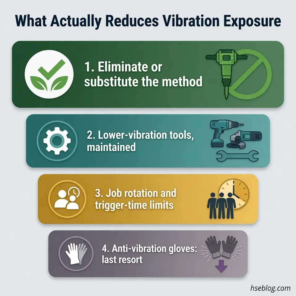 Infographic showing four methods to reduce vibration exposure: eliminating methods, using maintained lower-vibration tools, implementing job rotation and time limits, and using anti-vibration gloves as a last resort.