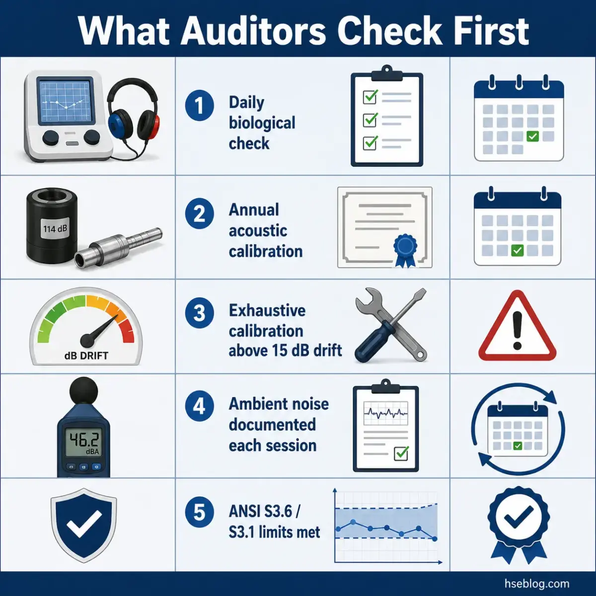Infographic listing five key checks auditors perform first: daily biological checks, annual acoustic calibration, exhaustive calibration above 15 dB drift, ambient noise documentation per session, and ANSI S3.6/S3.1 compliance limits.