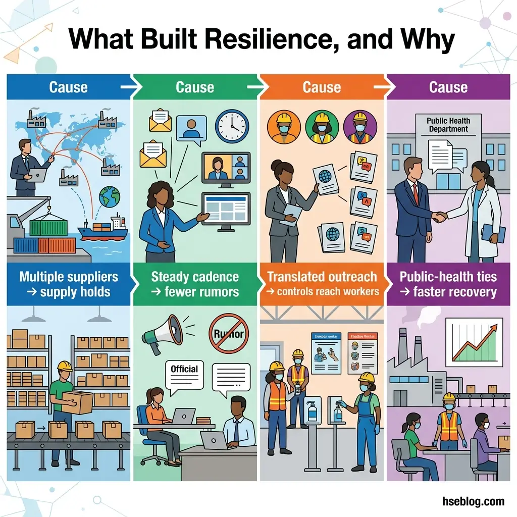 Infographic showing four causes of resilience: multiple suppliers for supply holds, steady cadence to reduce rumors, translated outreach to control worker information, and public-health ties for faster recovery.