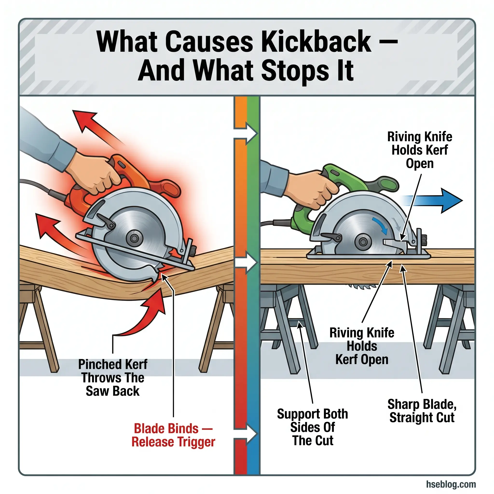 Diagram showing circular saw kickback causes on the left with pinched kerf throwing saw back, and prevention methods on the right with riving knife and proper support holding kerf open for safe cutting.