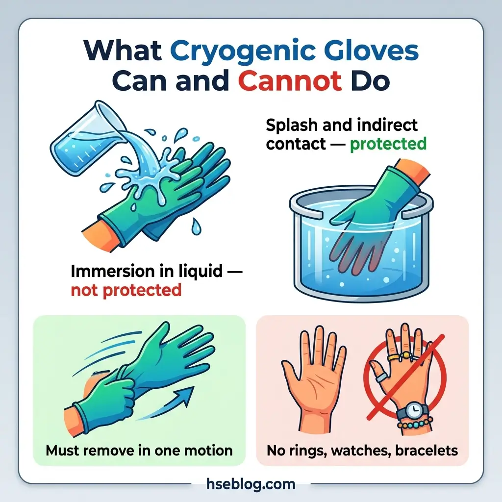 Infographic showing four key guidelines for cryogenic gloves: splash and indirect contact are protected, immersion in liquid is not protected, gloves must be removed in one motion, and no rings, watches, or bracelets should be worn.