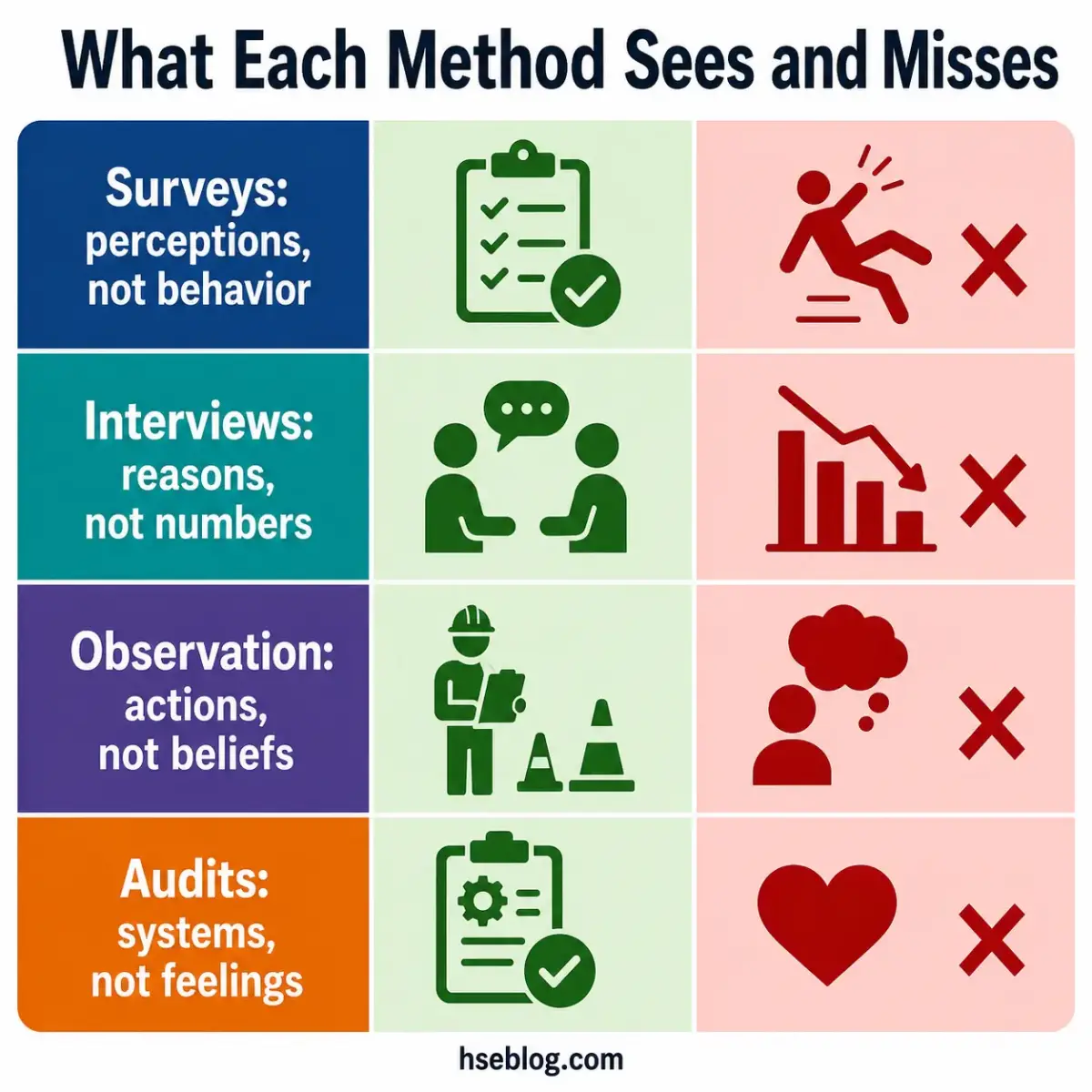 Infographic comparing four research methods showing what each sees and misses: surveys capture perceptions but miss behavior; interviews reveal reasons but miss numbers; observation shows actions but misses beliefs; audits examine systems but miss feelings.