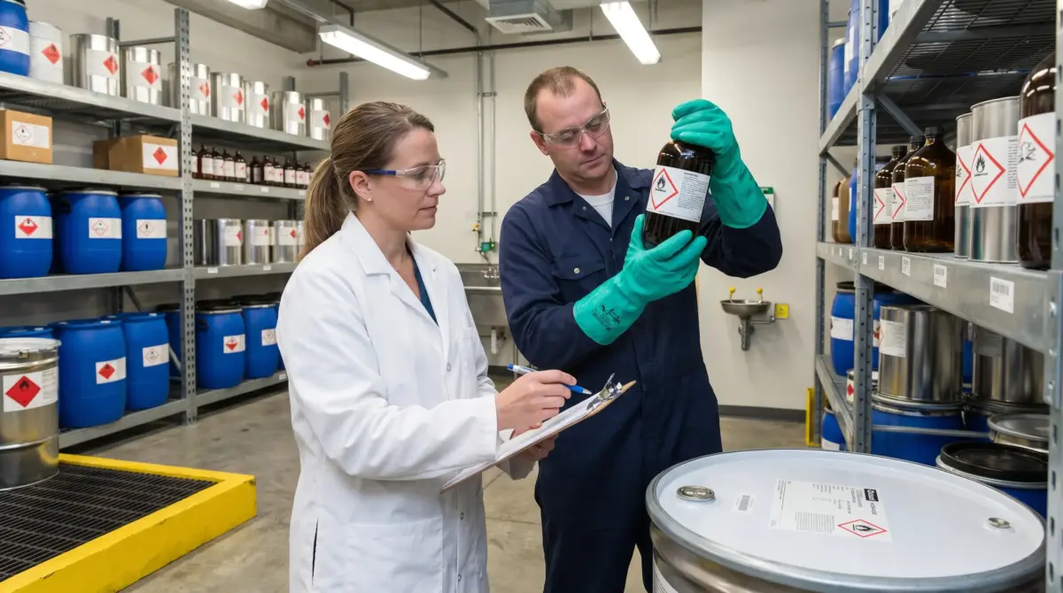 Two scientists in protective gear conduct a chemical inventory inspection in a laboratory storage facility lined with hazardous material containers and warning labels.