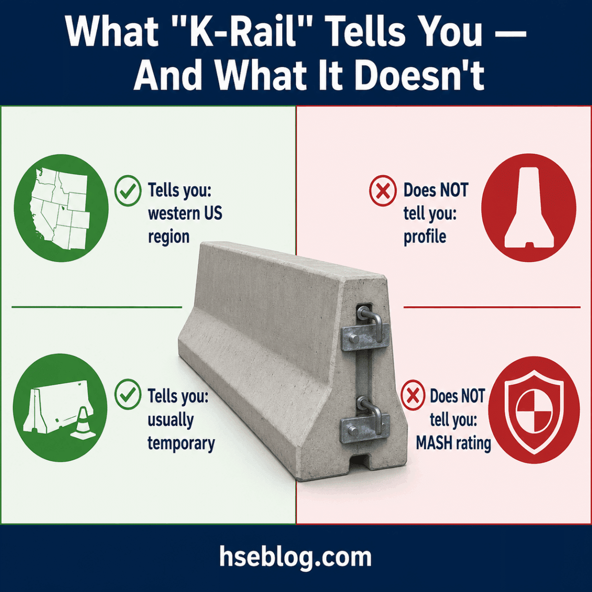 Infographic explaining K-Rail concrete barrier capabilities and limitations, showing it indicates western US region and temporary use but does not reveal profile or MASH rating.