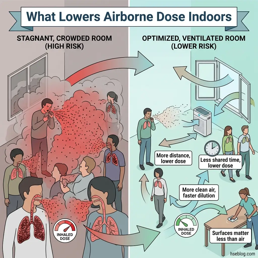 Infographic comparing airborne dose risk in crowded stagnant rooms versus ventilated spaces, showing how ventilation, distance, time, and surface cleaning reduce inhaled particle exposure.