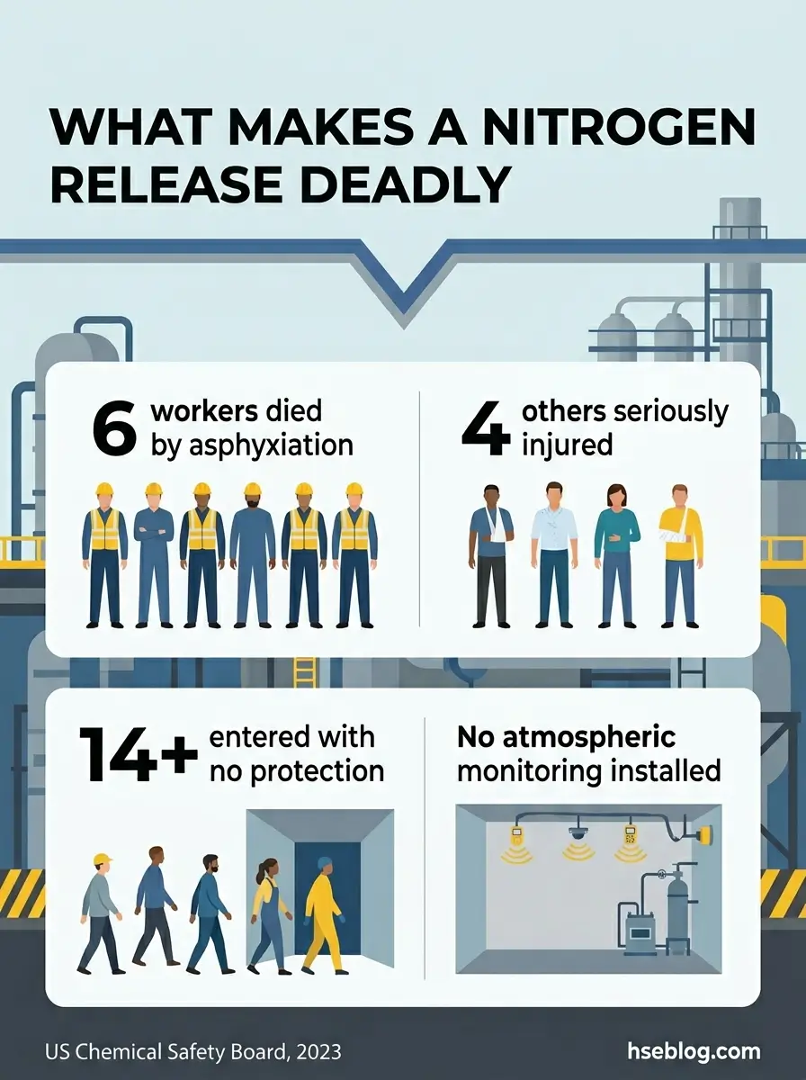 Infographic showing nitrogen release hazards at industrial facilities, listing 6 worker deaths by asphyxiation, 4 serious injuries, 14+ unprotected entries, and lack of atmospheric monitoring systems.