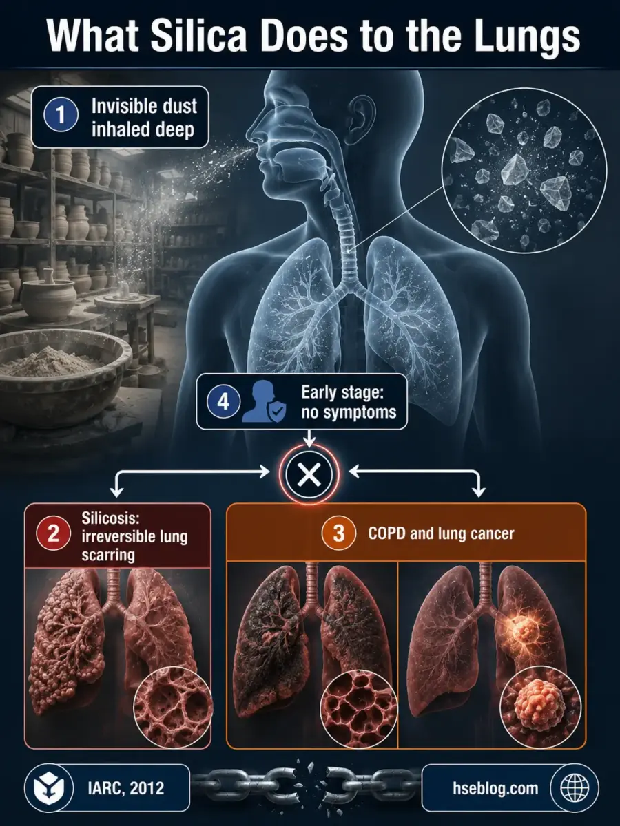 Infographic showing how inhaled silica dust causes lung damage through stages: invisible particle inhalation, silicosis scarring, COPD and lung cancer development, with early asymptomatic phase before irreversible harm occurs.