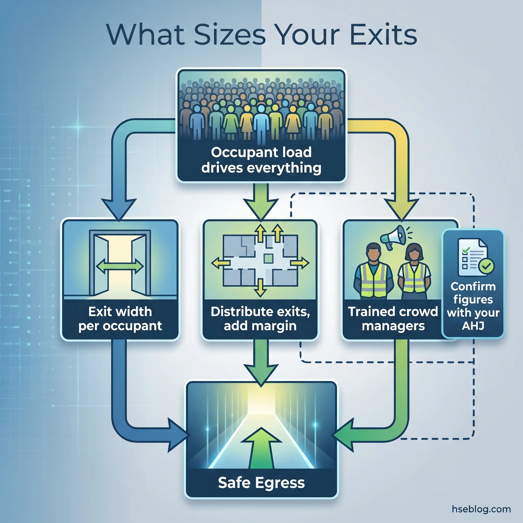 Flowchart showing how occupant load determines exit sizing, with four factors: exit width per occupant, distributed exits with margins, trained crowd managers, and confirmation with AHJ leading to safe egress.