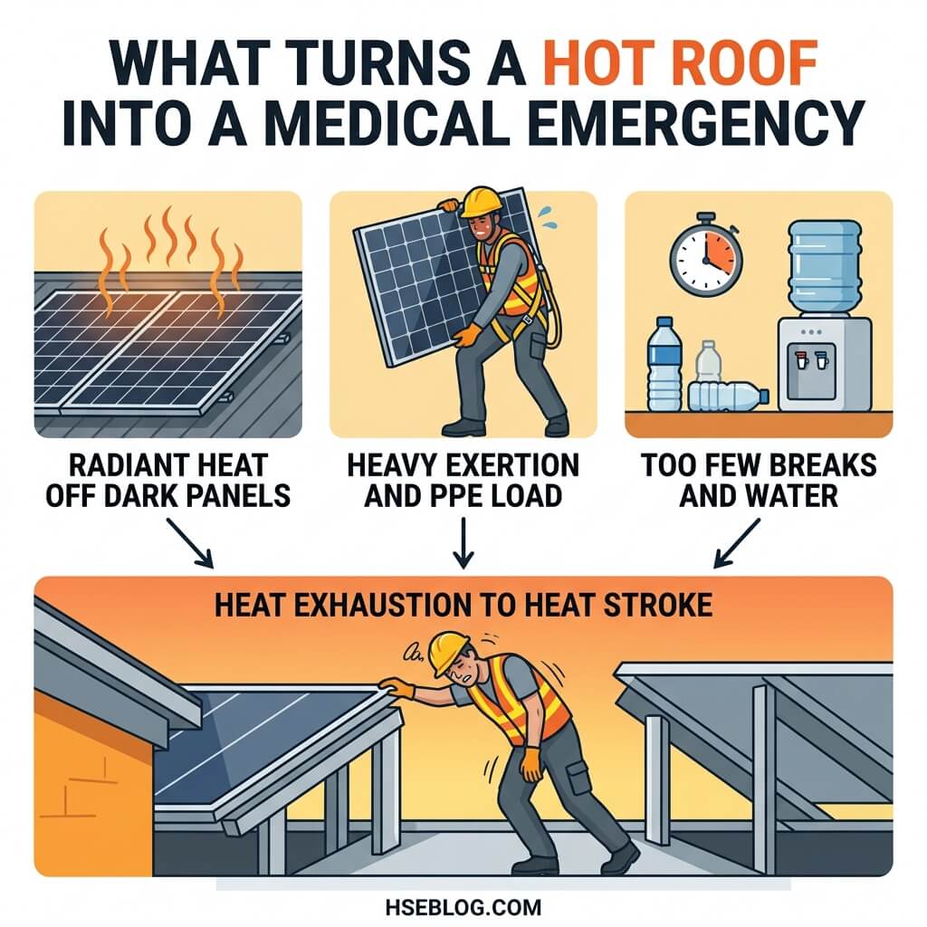 Infographic showing three causes of heat-related illness on hot roofs: radiant heat from dark solar panels, heavy exertion and protective equipment, and insufficient breaks and hydration, all leading to heat exhaustion or heat stroke in workers.