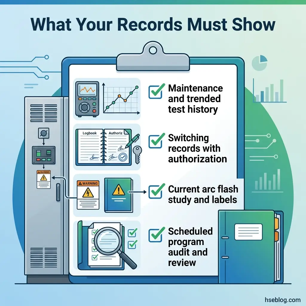 Infographic showing four essential requirements for electrical equipment records: maintenance and trended test history, switching records with authorization, current arc flash study and labels, and scheduled program audit and review.