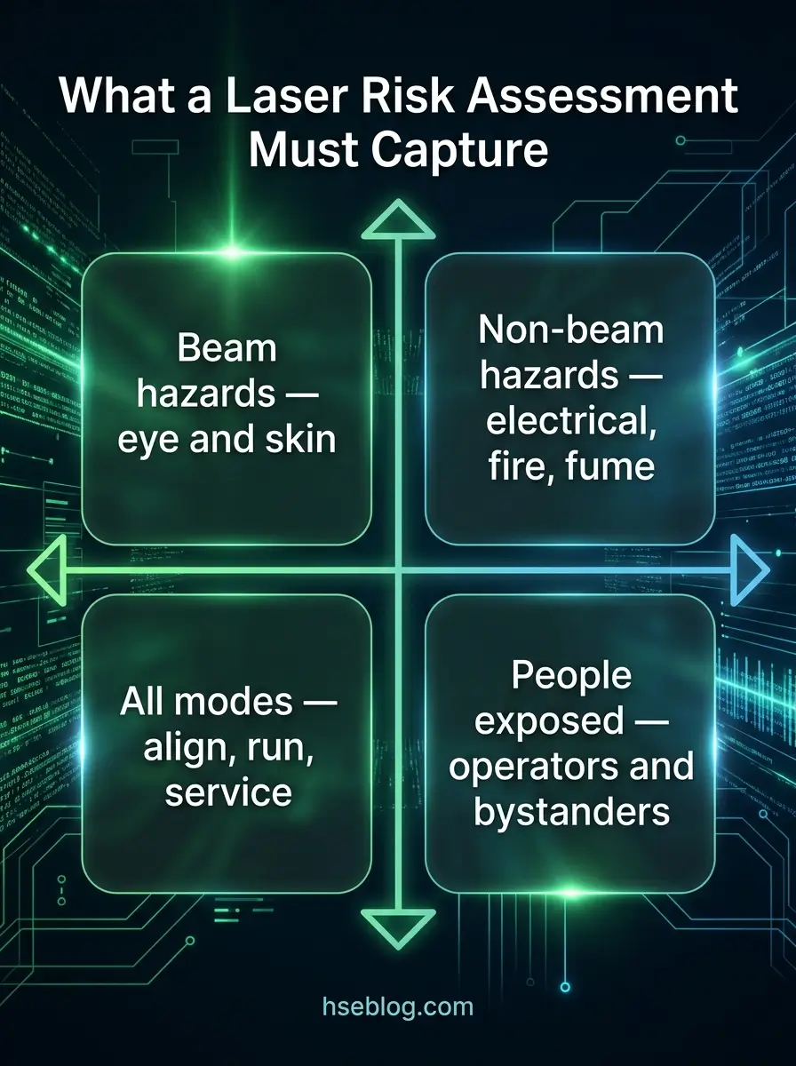 Four-quadrant diagram showing key elements of laser risk assessment: beam hazards affecting eyes and skin, non-beam hazards including electrical and fire risks, all operational modes, and people exposure to operators and bystanders.