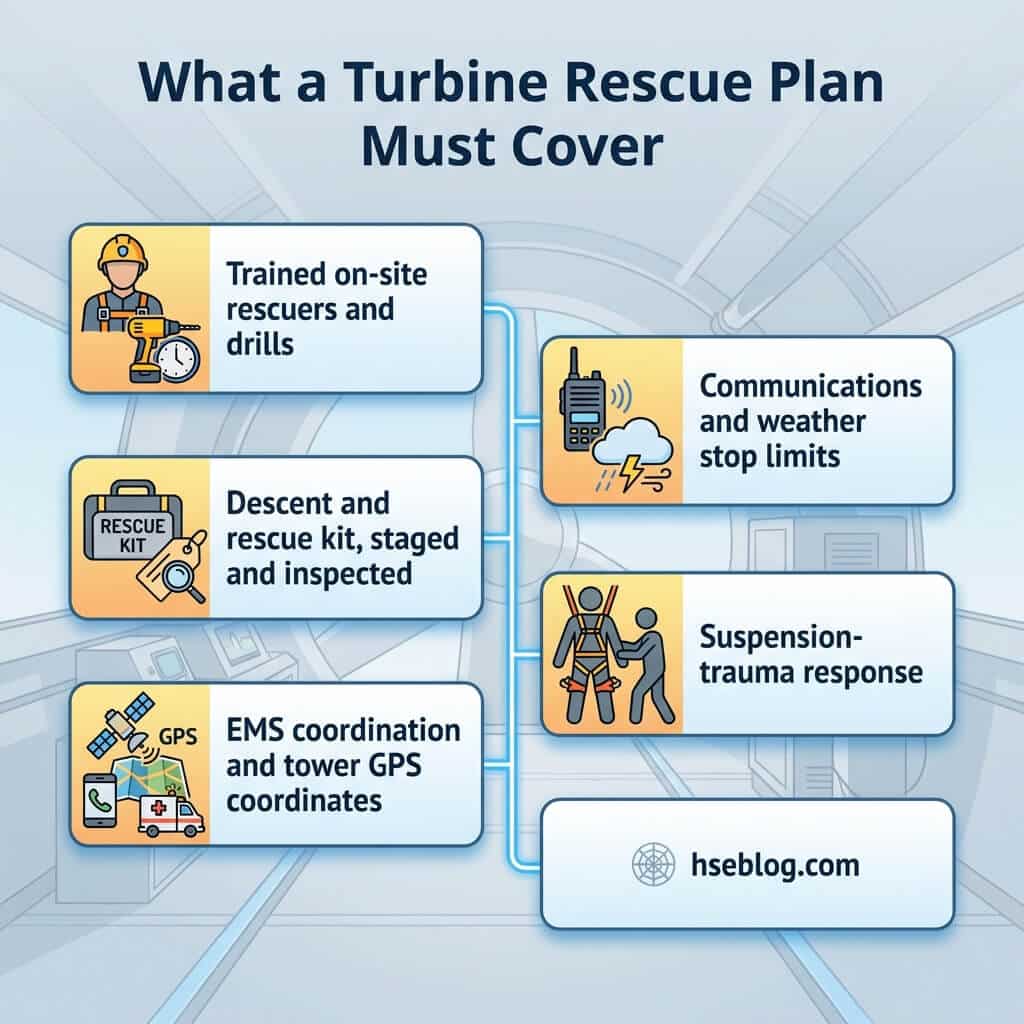 Infographic showing six essential components of a turbine rescue plan: trained rescuers, descent kits, EMS coordination, communications, weather limits, and suspension-trauma response protocols.