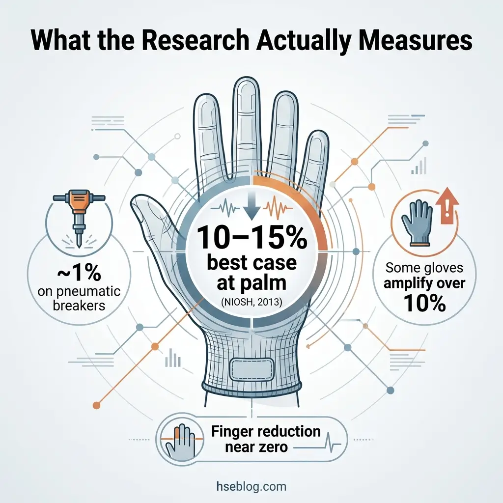 Infographic showing research findings on vibration exposure protection, displaying a gloved hand with statistics including 10-15% palm effectiveness at best, 1% pneumatic breaker reduction, and notes that some gloves amplify vibration over 10%.
