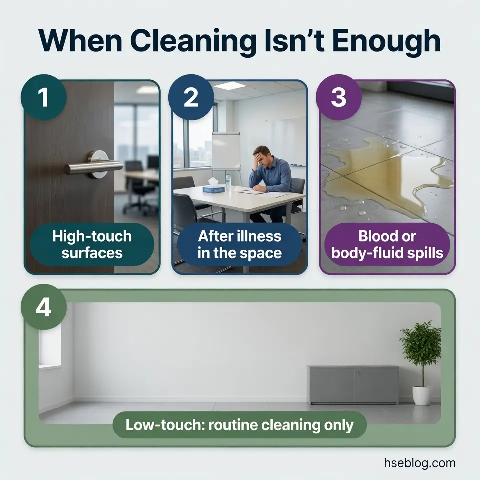 Infographic showing four scenarios requiring specialized cleaning beyond regular maintenance: high-touch surfaces, illness contamination, biohazard spills, and low-touch areas needing routine cleaning only.