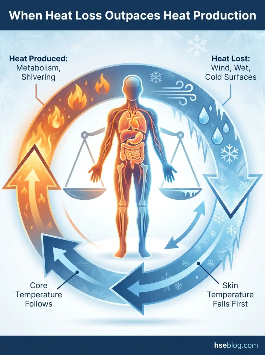 Diagram showing human body thermoregulation with heat production on left side from metabolism and shivering balanced against heat loss on right side from wind, wet, and cold surfaces, with scale showing skin temperature falls first before core temperature.