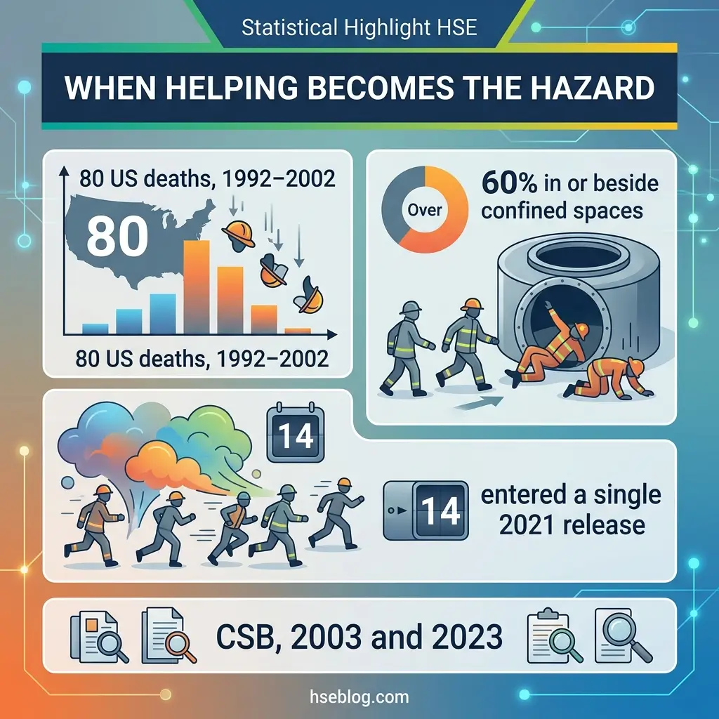 Infographic showing HSE statistics on rescue worker fatalities and hazards, including 80 US deaths from 1992-2002, 60% occurring in confined spaces, 14 entries in 2021 release, and data from CSB 2003 and 2023 reports.