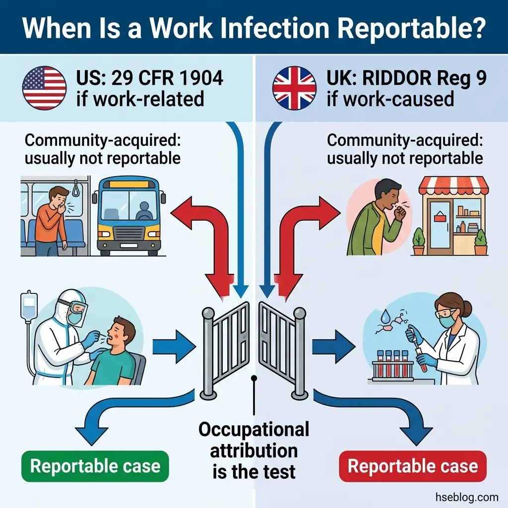Infographic comparing US and UK workplace infection reporting requirements, showing that community-acquired infections are typically not reportable, but work-related or work-caused infections require occupational attribution and are reportable to health authorities.