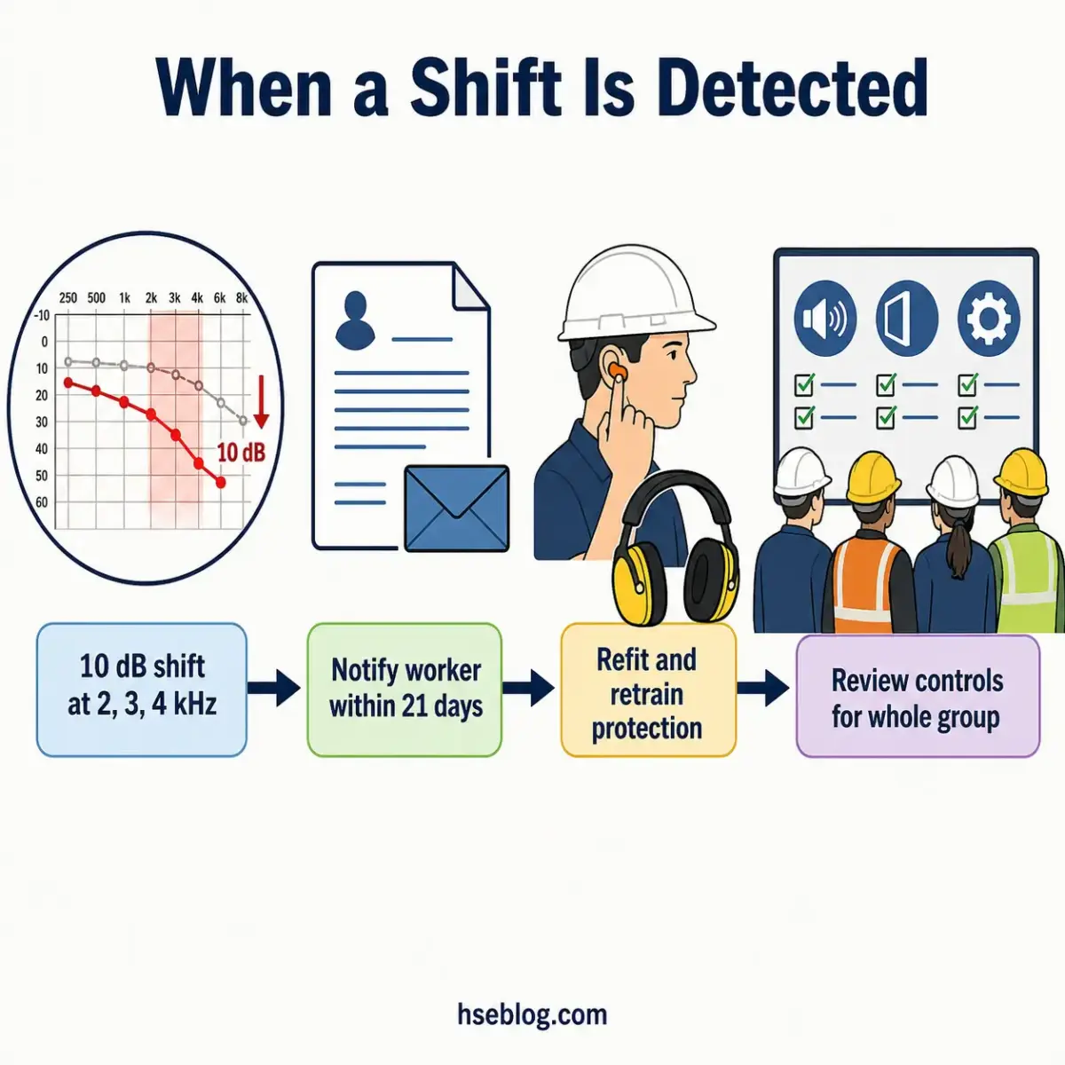 Infographic showing the four-step process when a hearing shift is detected: audiogram showing 10 dB shift at 2-3-4 kHz, notify worker within 21 days, refit and retrain hearing protection, and review controls for the whole group.
