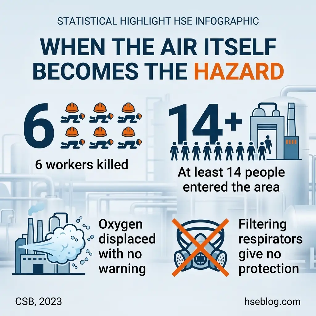 Infographic showing HSE statistics about workplace hazards when air becomes dangerous, including 6 worker fatalities, 14+ people exposed, oxygen displacement without warning, and ineffective respirators.