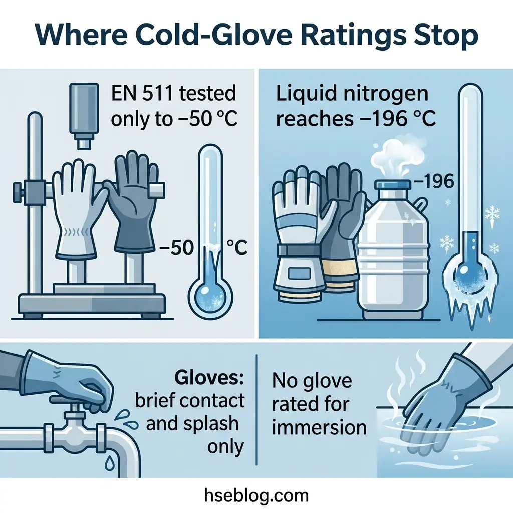 Infographic showing temperature limits of cold-weather gloves, comparing EN 511 standard testing at minus 50 degrees Celsius versus liquid nitrogen at minus 196 degrees, with notes on glove usage limitations.