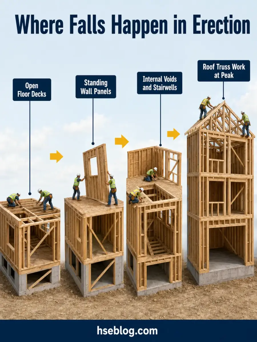 Illustration showing four progressive stages of wooden house framing construction, from open floor decks through wall panels, internal voids and stairwells, to roof truss work at peak, with workers at each stage.