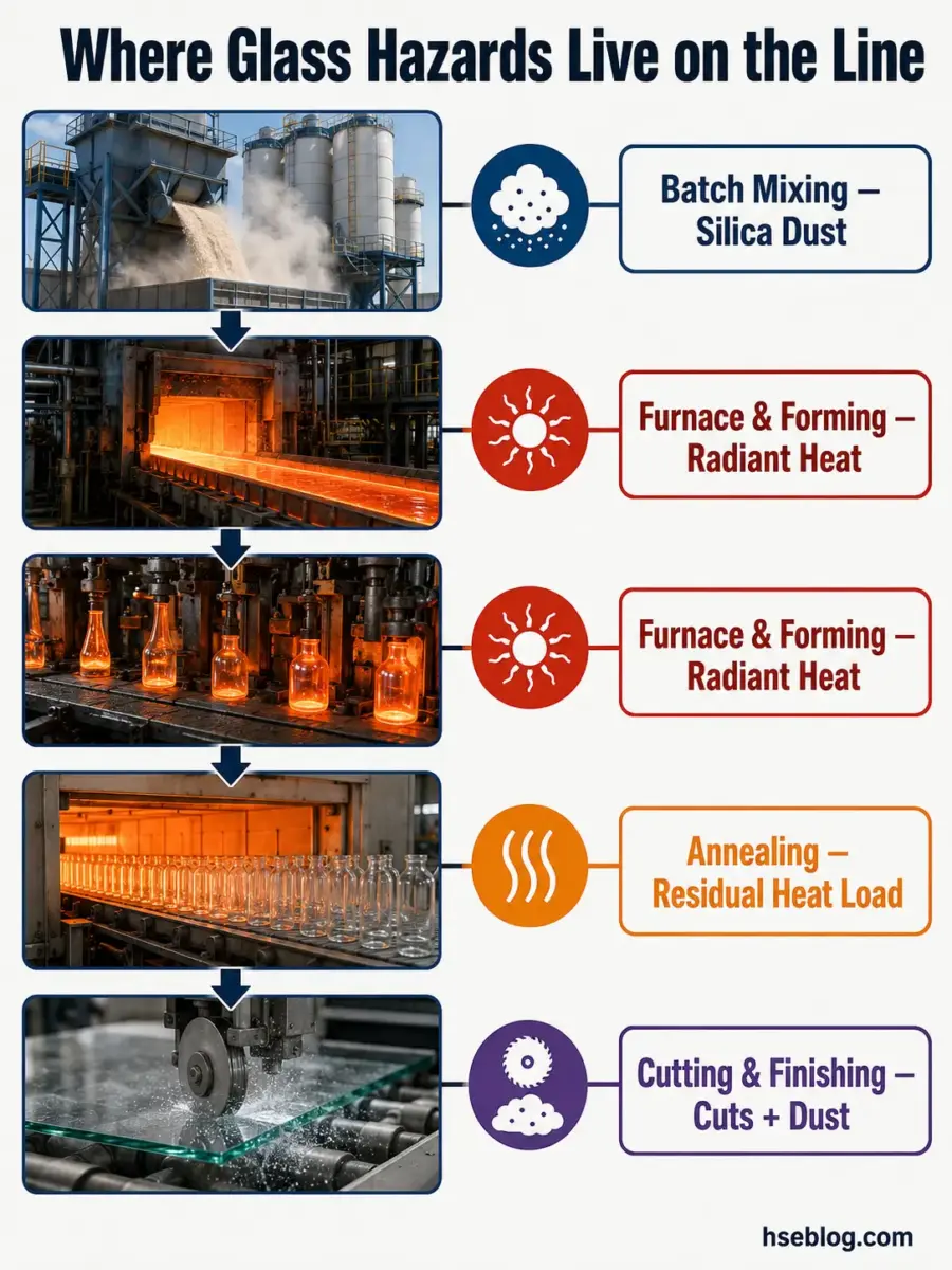 Infographic showing five stages of glass manufacturing with associated hazards: silica dust from batch mixing, radiant heat from furnace and forming, residual heat from annealing, and cuts plus dust from cutting and finishing.