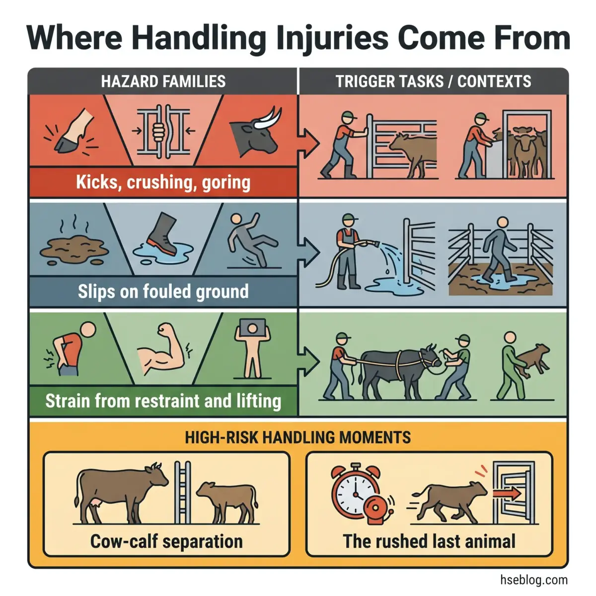 Infographic showing common sources of livestock handling injuries, including hazard families like kicks and slips, trigger tasks like restraining animals, and high-risk moments such as cow-calf separation.