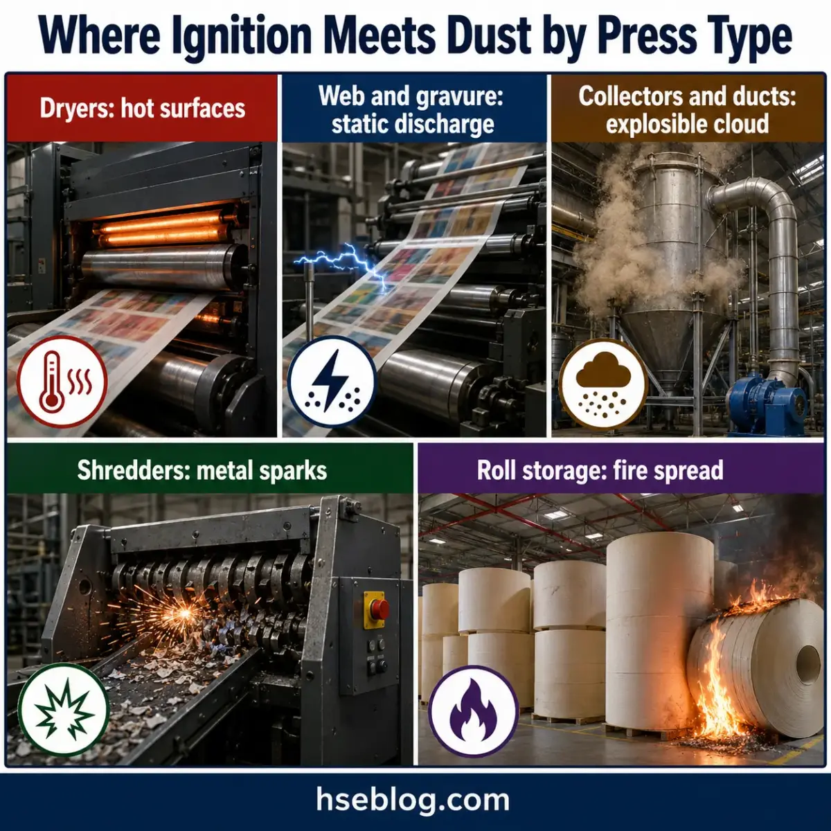 Industrial printing and paper processing equipment showing five fire hazard scenarios: dryer hot surfaces, web static discharge, dust collector explosions, shredder metal sparks, and roll storage fires.