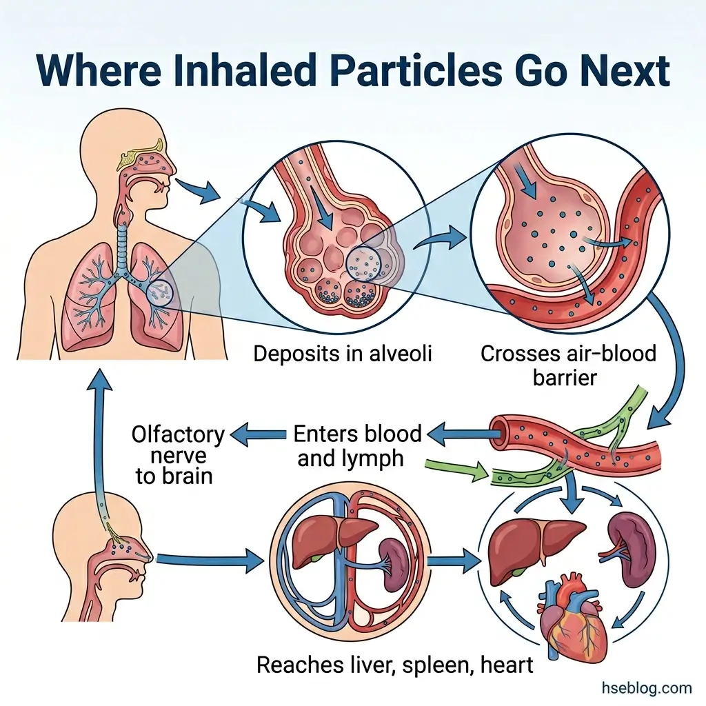 Diagram showing the pathway of inhaled particles through the respiratory system, from the nasal cavity through alveoli, then crossing into the bloodstream and circulating to the liver, spleen, heart, and brain via the olfactory nerve.