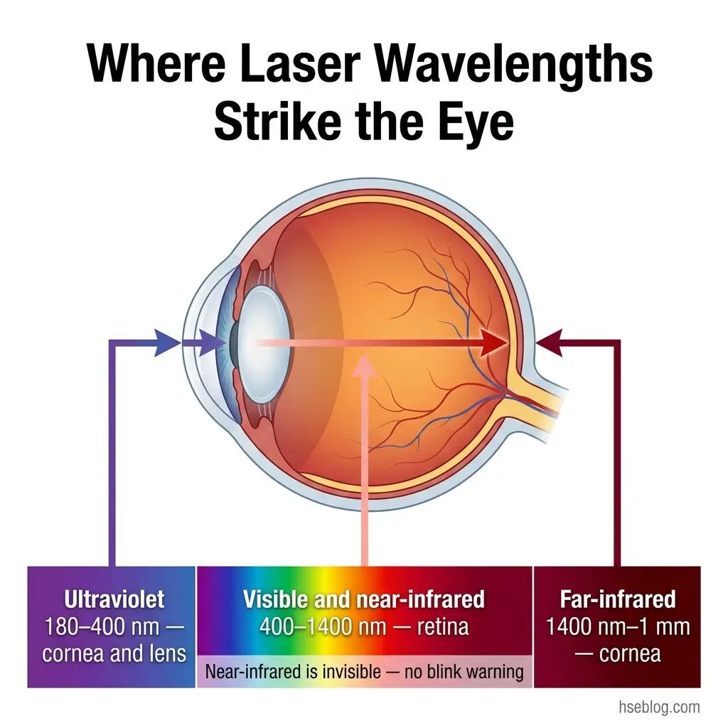 Diagram of the human eye showing where different laser wavelengths strike, from ultraviolet affecting the cornea and lens to visible and near-infrared reaching the retina to far-infrared affecting the cornea.