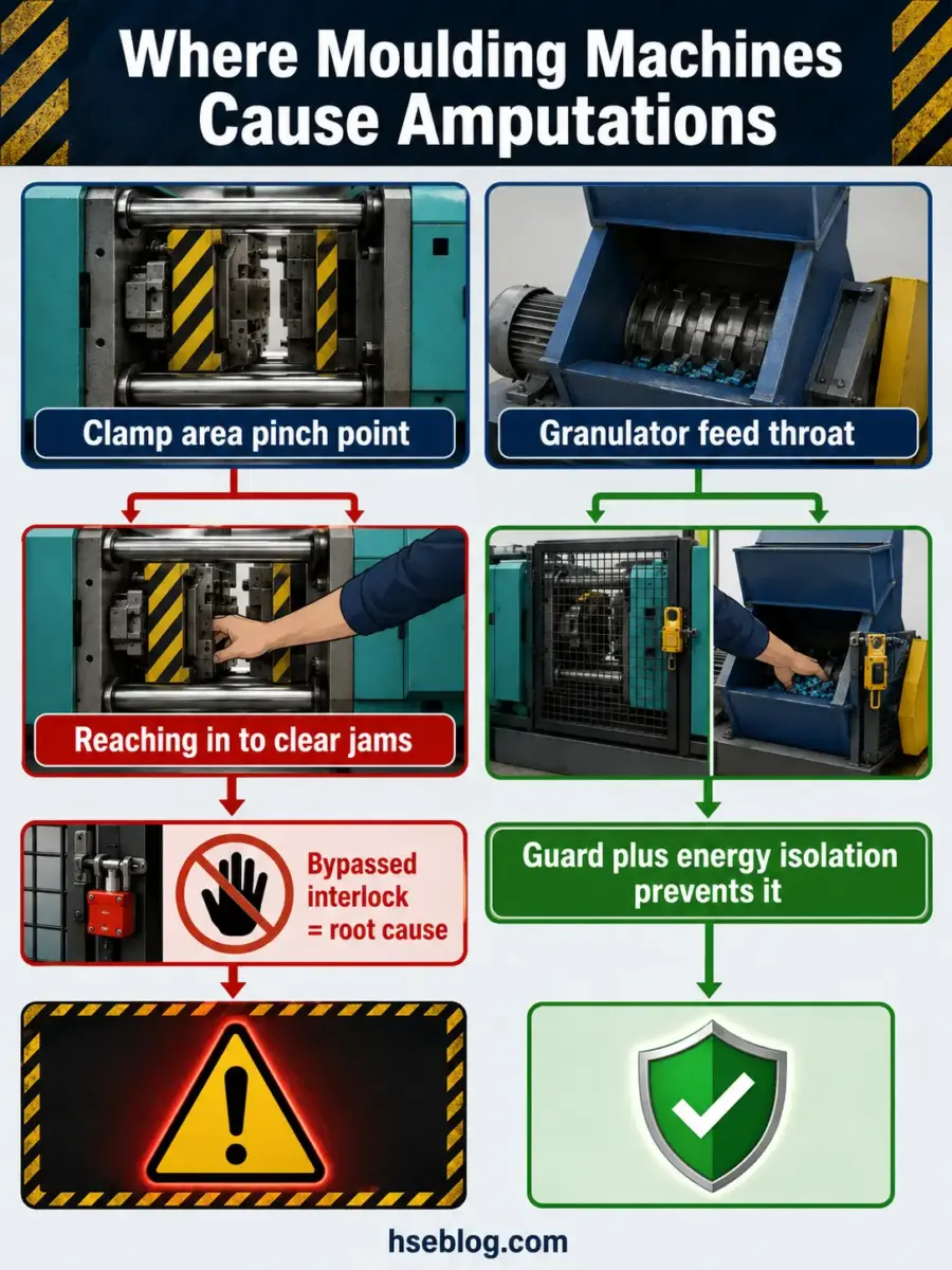Infographic showing two hazardous areas on moulding machines that cause amputations: clamp area pinch points from reaching in to clear jams with bypassed interlocks, and granulator feed throats, with guard and energy isolation as prevention.