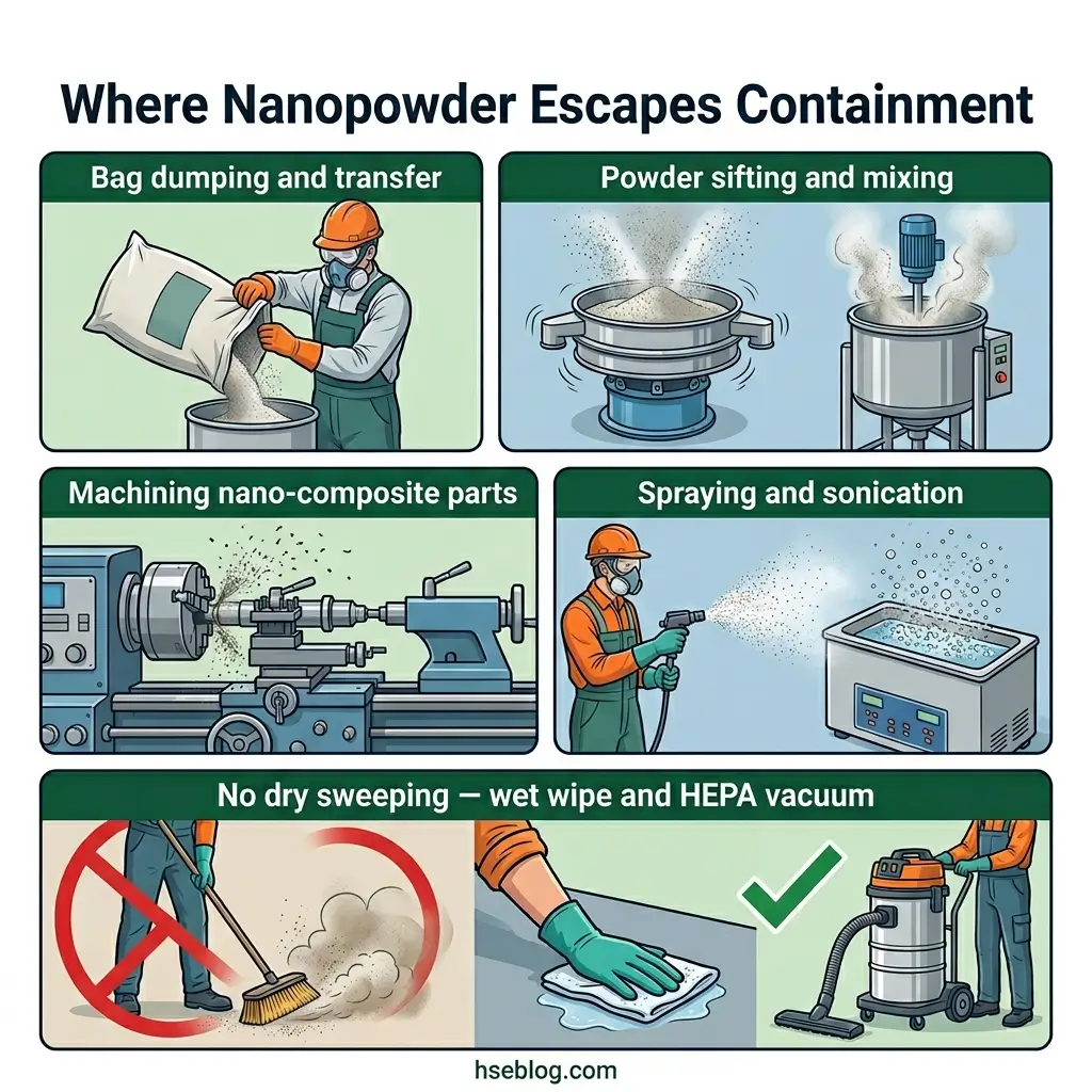Infographic showing four workplace scenarios where nanopowder escapes containment during bag dumping, sifting, machining, and spraying, with safety recommendations including wet wiping and HEPA vacuuming instead of dry sweeping.