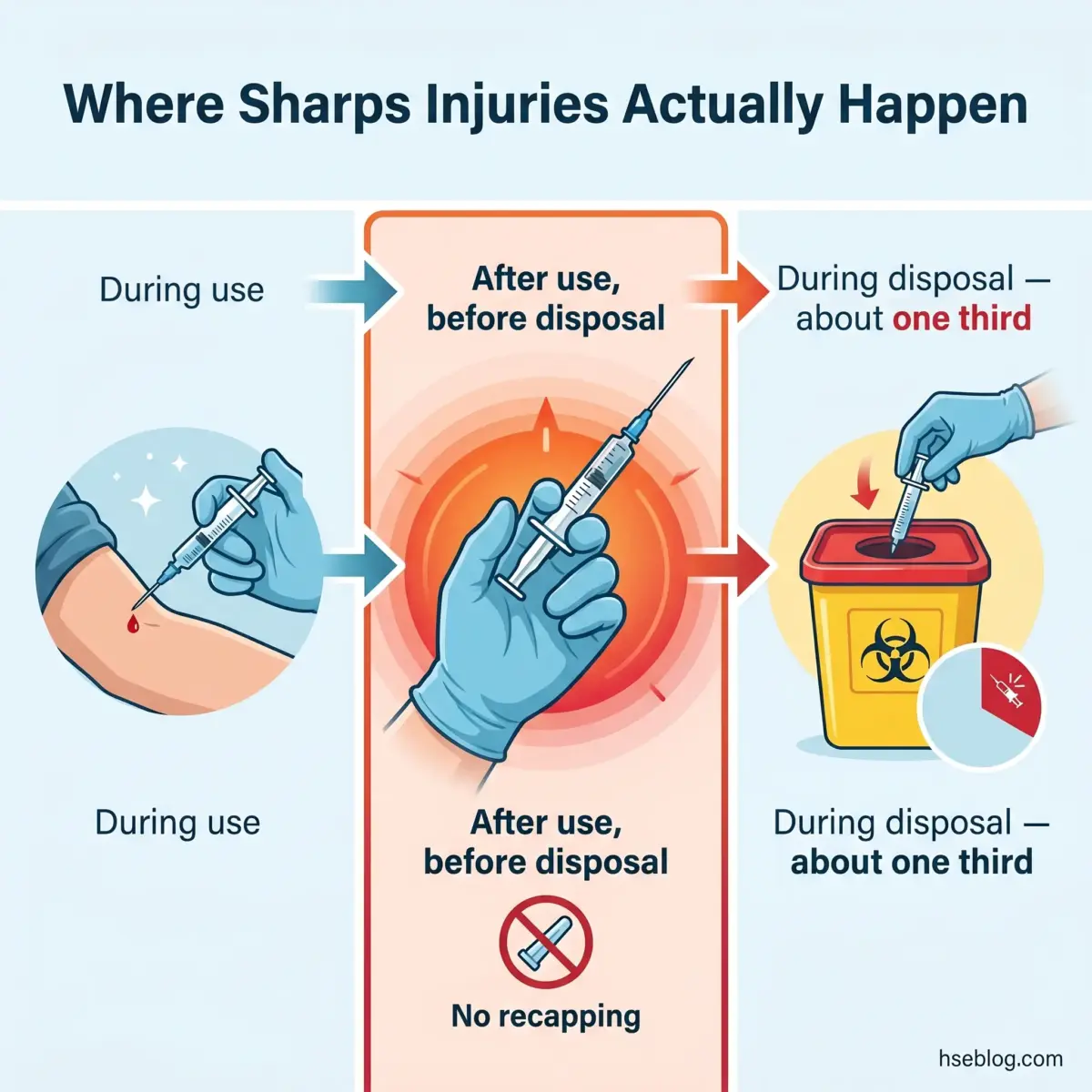 Infographic showing when sharp needle injuries occur: during use, after use before disposal with no recapping, and during disposal in biohazard containers, with about one third of injuries happening during disposal.