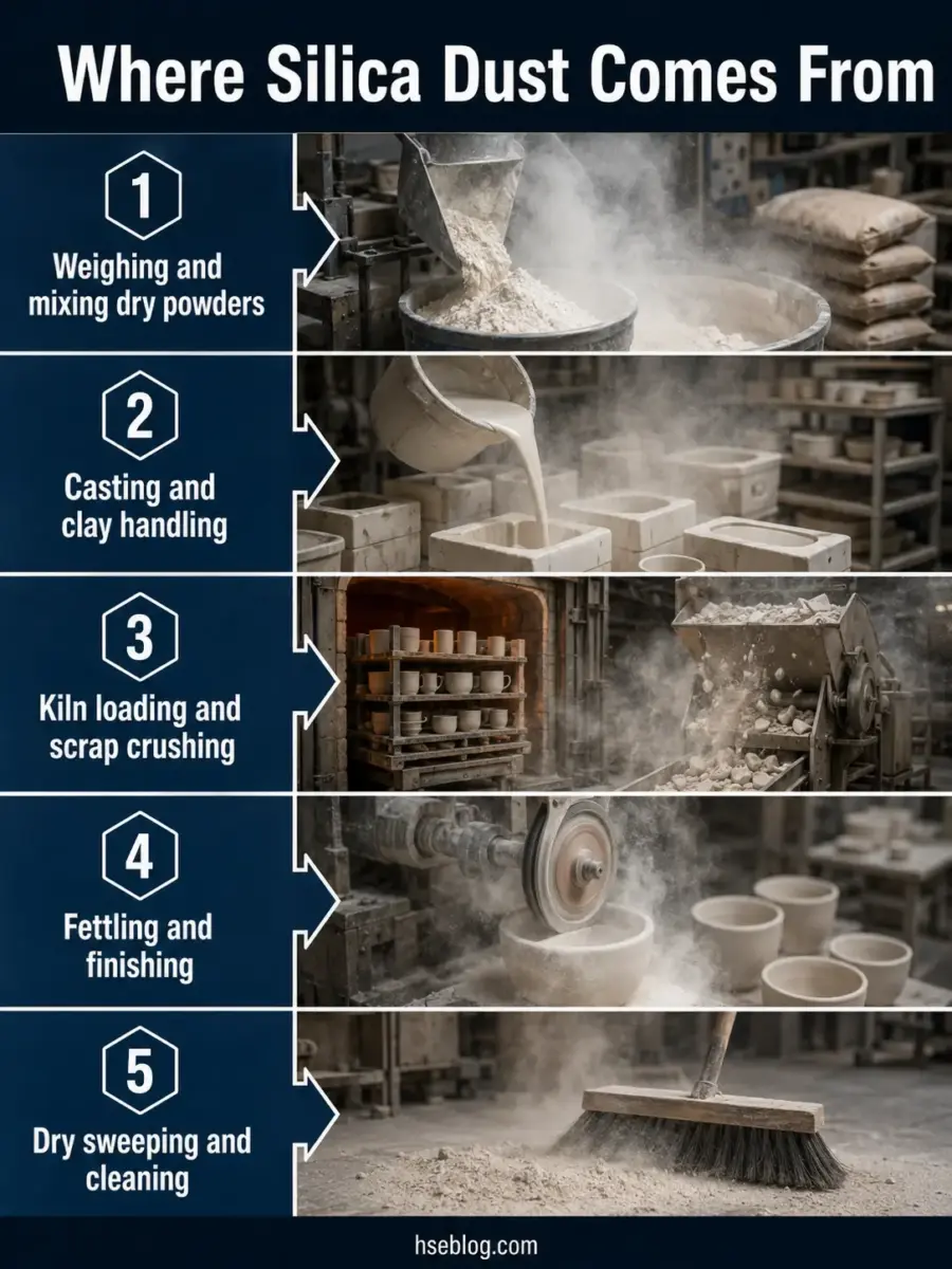 Infographic showing five sources of silica dust in pottery and ceramic manufacturing, from mixing dry powders through dry sweeping and cleaning, with industrial workshop photos illustrating each step.