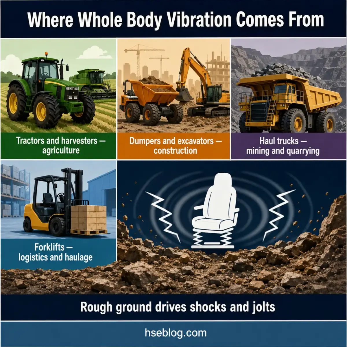Infographic showing sources of whole body vibration from heavy equipment including tractors, construction vehicles, haul trucks, and forklifts, with rough ground causing shocks and jolts to operators.